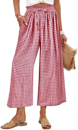 ANRABESS Womens Striped Gingham Palazzo Capri Pants Pajama Wide Leg Lounge Trousers Plaid Cute Cr... | Amazon (US)