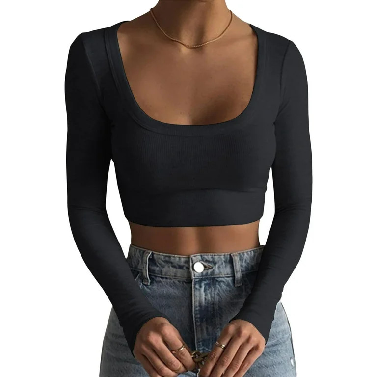 Bagilaanoe Women's Square Neck Long Sleeve Crop Top Ribbed Knit Slim Fit Bodycon Skinny Cropped T... | Walmart (US)
