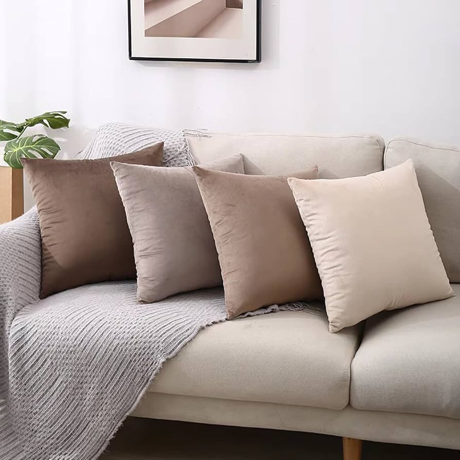 Neutral Pillow Covers 18x18 Inch Set of 4, Soft Velvet Pillow Covers Cushion Cases , Solid Throw ... | Amazon (US)