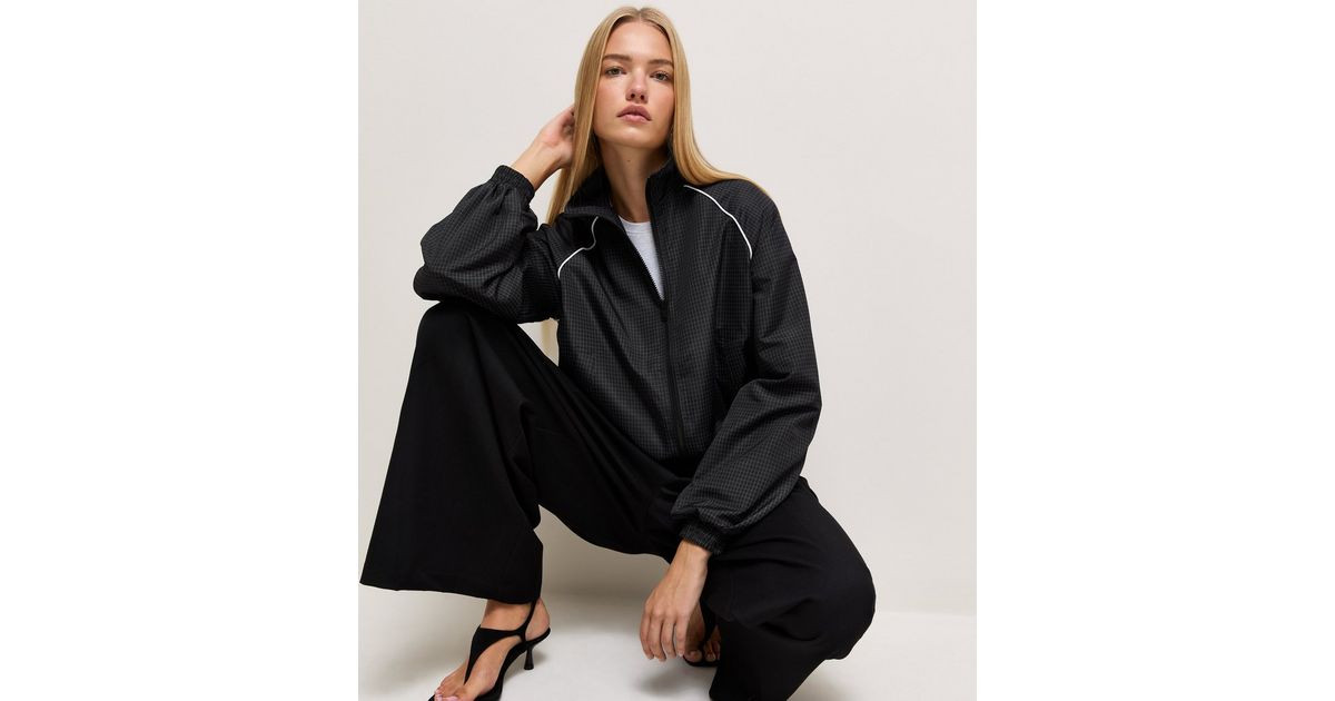 Women's Black Check Piped Funnel Neck Bubble Hem Windbreaker Jacket New Look | New Look (UK)
