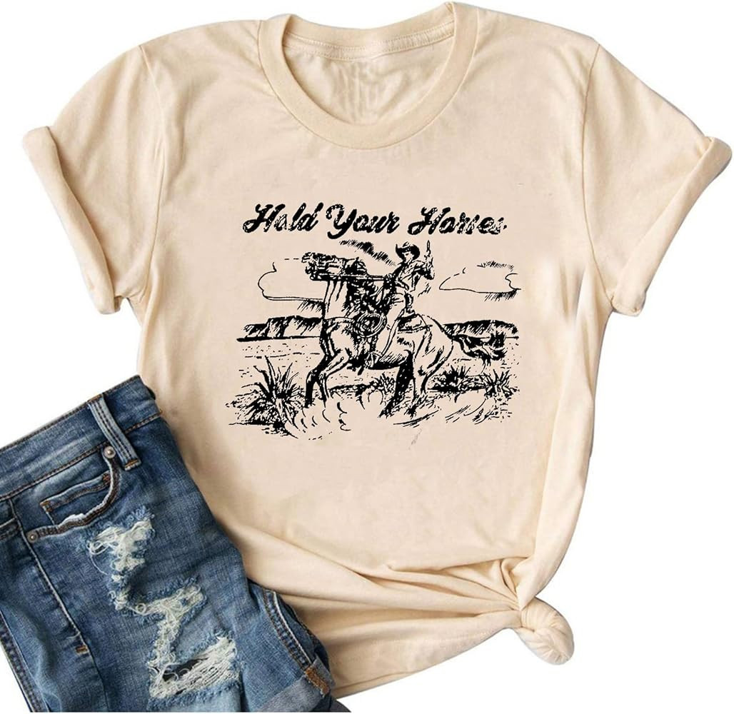 FAYALEQ Hold Your Horses T Shirt Women Funny Rodeo Cowboy Graphic Tees | Amazon (US)
