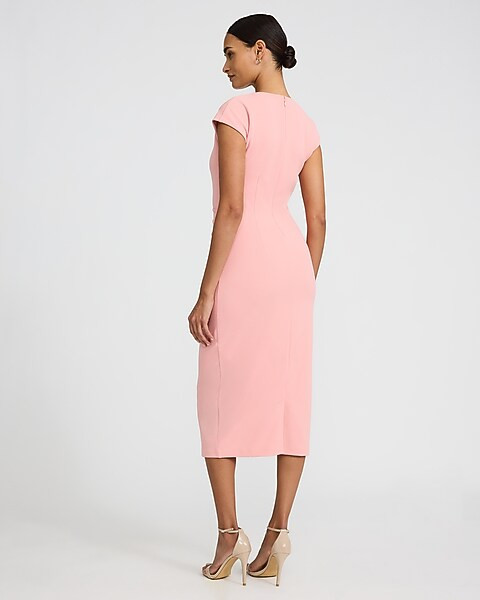 Crepe Crew Neck Cap Sleeve Ruched Midi Sheath Dress | Express