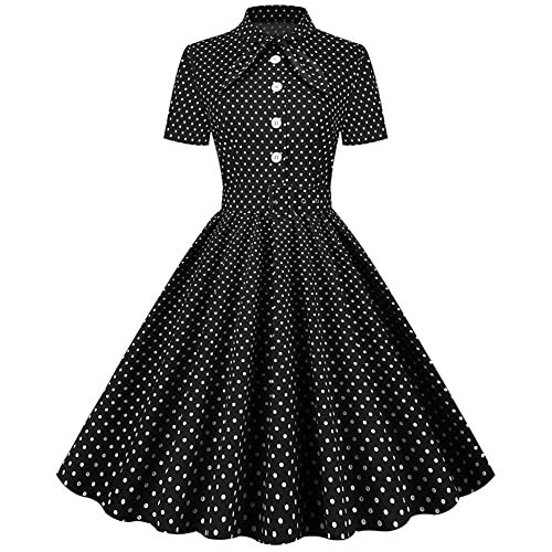 Women Short Sleeve 1950s Retro Vintage Cocktail Party Swing Dress with Belt Buttons Bow Tie Mock Neck Audrey Hepburn Polka Dot Dress 50s 60s Fit and Flare A Line Rockabilly Prom Dress Black-Polka S | Amazon (US)