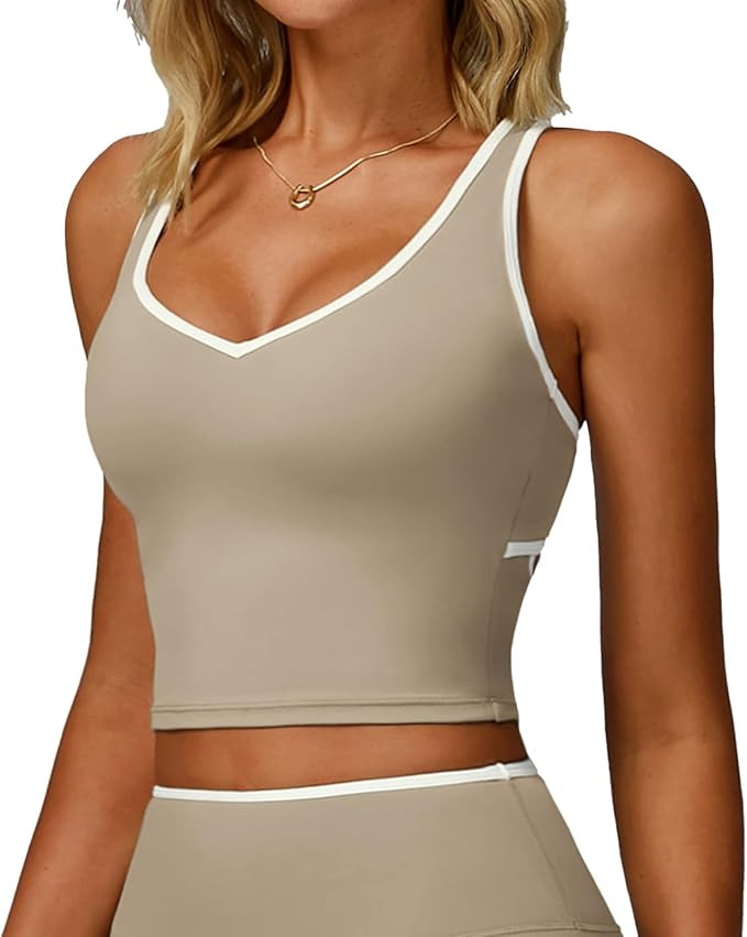 Sport Bras for Womens V Neck Cutout Bra Wide Strappy Color Block Binding Racerback Longline Tight... | Amazon (US)