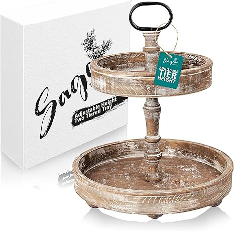 Two Tiered Tray Stand - Large 15 Inch Round Premium Farmhouse Tiered Tray with Unique Adjustable ... | Amazon (US)