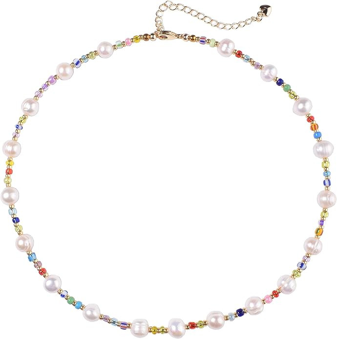 Miss Pink Natural Freshwater Pearl Fun Flirty Beaded Choker Necklace Handmade Summer Bo... | Amazon (US)