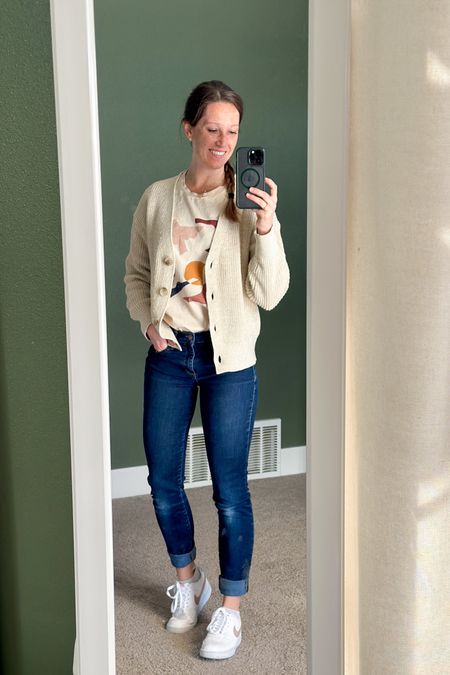 outfit from yesterday | new favorite cardigan from Old Navy, jeans, tee, Nike court shoes 🪴 Jeans are old from Gap but linked similar. spring outfit, spring style, spring casual outfit #ltkspring

#LTKunder100 #LTKFind #LTKstyletip