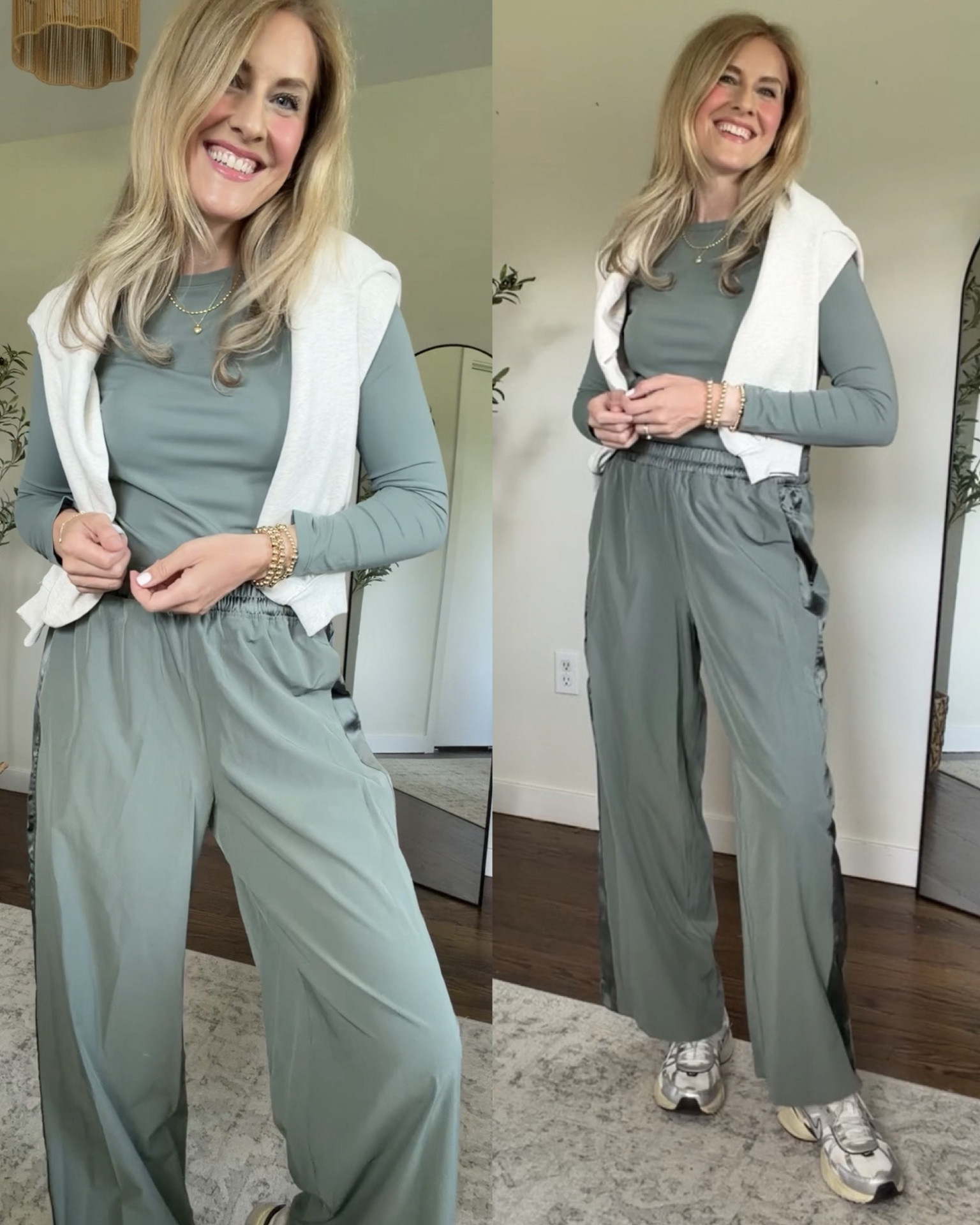Walmart activewear for everyday or workouts! Long sleeve tee and satin stripe wide leg pants are comfy and elevated. Wearing medium in both. Also comes in brown or tan or black! #walmartfashion

#LTKOver40