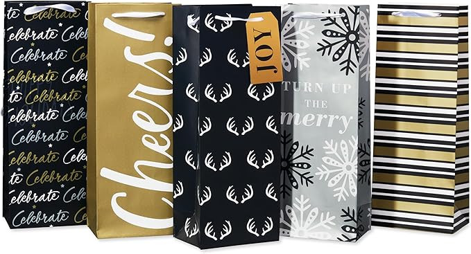 American Greetings Multi Design Christmas Wine Gift Bags, Black, Gold and Silver (5 Bags) | Amazon (US)