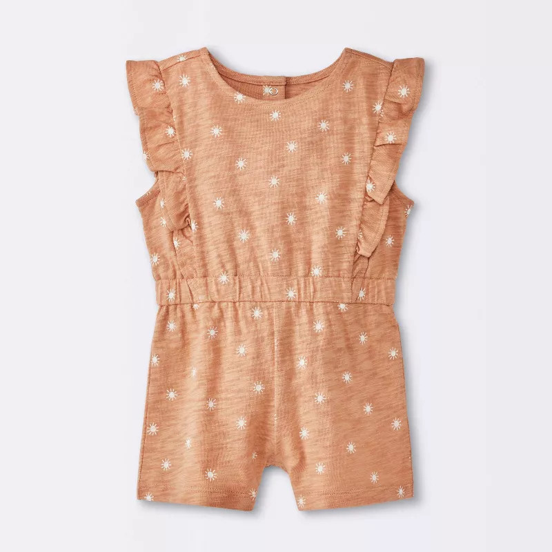 Baby Girls' Sun Stamps Printed Ruffle Romper - Cloud Island™ Tan | Target