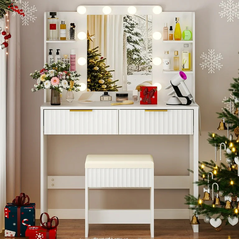 Ktaxon Lighted Makeup Vanity, White Vanity Table Set with 2 Drawer and Charging Station, Femal Gi... | Walmart (US)