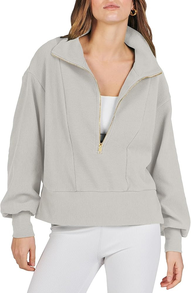 ANRABESS Women Half Zip Cropped Sweatshirt Casual Fleece Quarter Zip Up Rib Knit Pullover 2023 Fa... | Amazon (US)