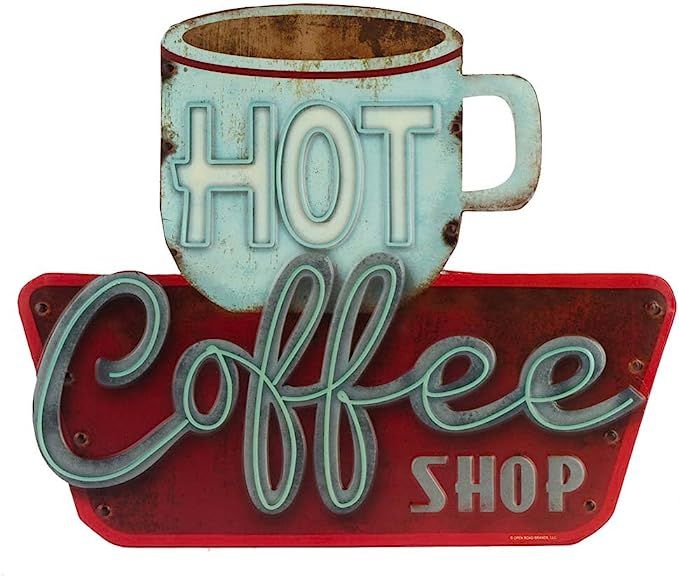 Open Road Brands Hot Coffee Shop Embossed Metal Sign - Vintage Diner Coffee Sign for Kitchen, Off... | Amazon (US)