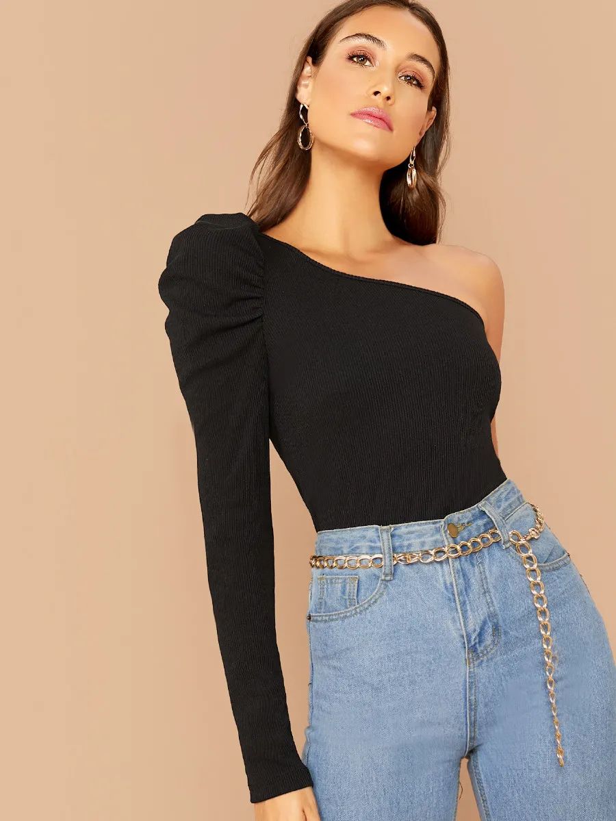 SHEIN One Shoulder Puff Sleeve Rib-knit Top | SHEIN