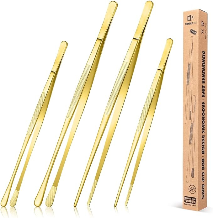 4 Pcs Kitchen Fine Tweezer Tongs, 12'' and 10'' Stainless Steel Food Tweezers Set, Professional G... | Amazon (US)