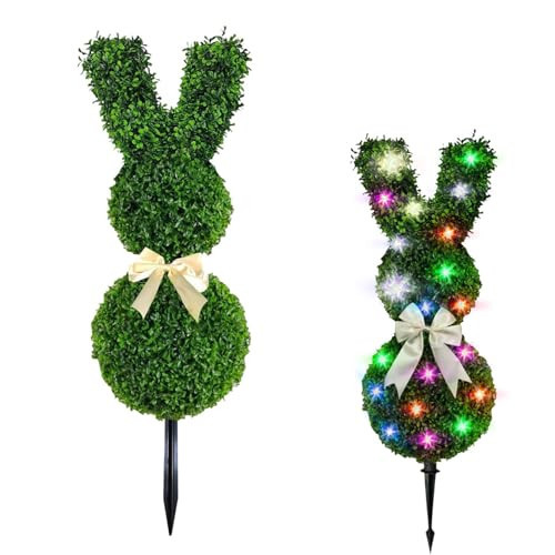 Sparkling Light Bunny Topiary Outdoor, Artificial Bunny-Shaped Topiary Tree Pot Fake Easter Bunnies Plant, Easter Rabbit Boxwood Topiaries Plant for Home Front Porch Decor (A-Colorful Light) | Amazon (US)