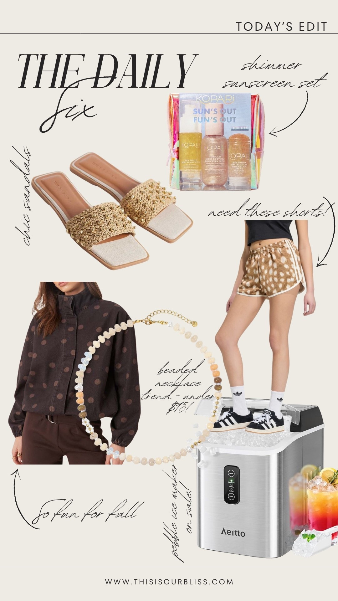 Today’s finds! ✨ Bringing back the daily six! ￼

• chic, sandals
• shimmer sunscreen set with oil, spray and a stick (have been using for a few weeks while traveling) perfect size for pool bag 
• darling brown polkadot denim jacket
• beaded necklace in my Amazon cart
• Cutest Adidas shorts
• the pebble icemaker my mother-in-law has! On sale!

#LTKmomlife #LTKHome #LTKOver40