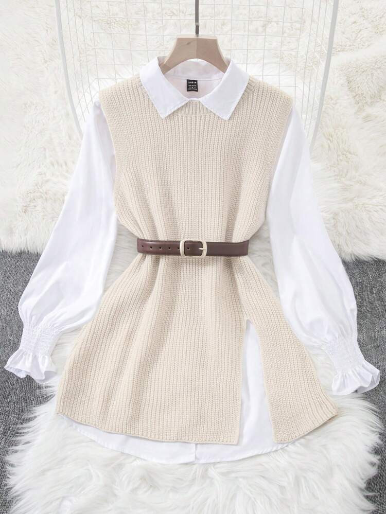 INAWLY 2pcs/Set Spring Lantern Sleeve White Blouse & Loose Fitting Open Front Cardigan For Women Fall Winter Cloth For Women | SHEIN