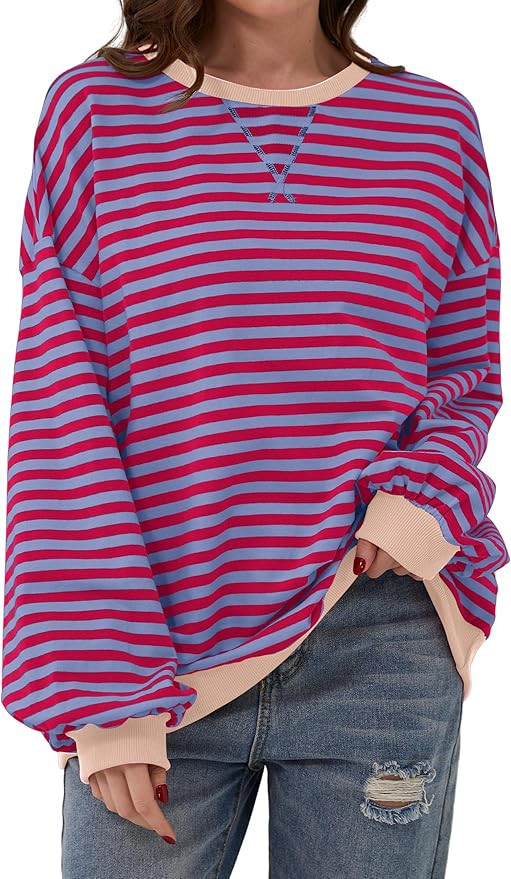 Labolliy Women Striped Oversized Sweatshirt Color Block Crew Neck Long Sleeve Shirt Casual Pullov... | Amazon (US)