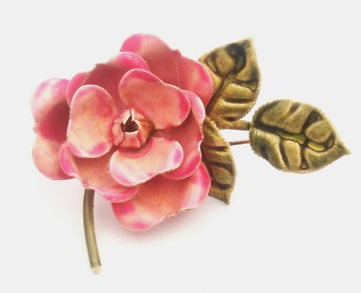 N251) Vintage Pink Enamel metal 3D Rose flower brooch pin | eBay UK
