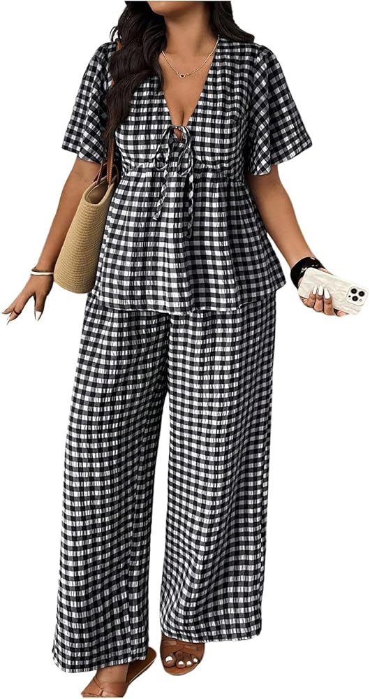 SOLY HUX Women's Plus Size 2 Piece Outfit Gingham Set V Neck Blouse and Wide Leg Pants for Curvy | Amazon (US)