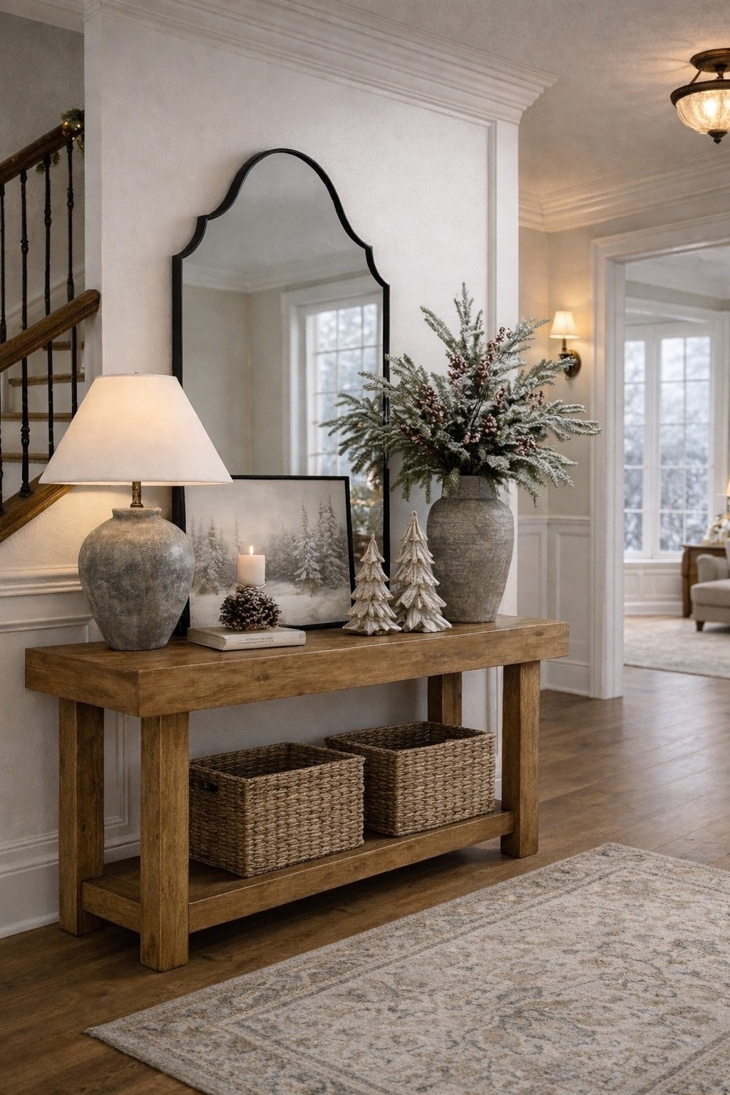 Winter Entryway Console Table Decor with Neutral Wayfair Finds

Follow @farmtotablecreations on Instagram for more cozy home inspiration.

This winter entryway moment is all about soft neutrals, texture, and timeless pieces that carry you straight through the season—no Christmas required. This looks calm and elevated with a warm wood console table, woven storage baskets, ceramic trees, and frosted winter greenery for that cozy, lived-in feel. The arched mirror adds height and light, while layered accents keep everything feeling intentional but effortless. Perfect inspiration if you’re transitioning your home from holiday decor to winter styling.

This image was thoughtfully created using A I, from my existing mood board, to visually represent a cozy winter entryway concept. It’s meant to inspire styling ideas, layout, and mood, showing how warm neutrals, natural textures, and simple seasonal touches can come together to create a welcoming home moment.

#entrywaydecor #consoletable #winterdecor #neutralhome #livingroomfurniture #homedecor #storagebaskets #mirrors #tablelamps #consoletabledecor

#LTKHome #LTKSaleAlert #LTKFindsUnder50