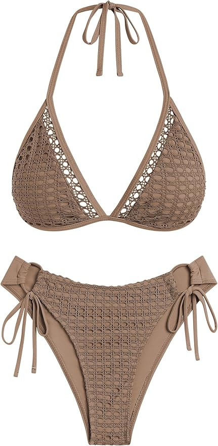 ZAFUL Women's Halter Triangle Bikini Set Crochet Boho Floral Swimsuit Cut Out Tie Side Two Piece ... | Amazon (US)