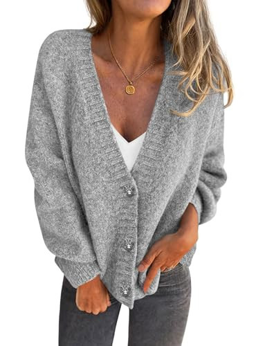 PRETTYGARDEN Cardigan Sweaters for Women Trendy Fall 2025 Long Sleeve Button Down Oversized Chunky Knit Sweater Outerwear (Grey,Medium) | Amazon (US)