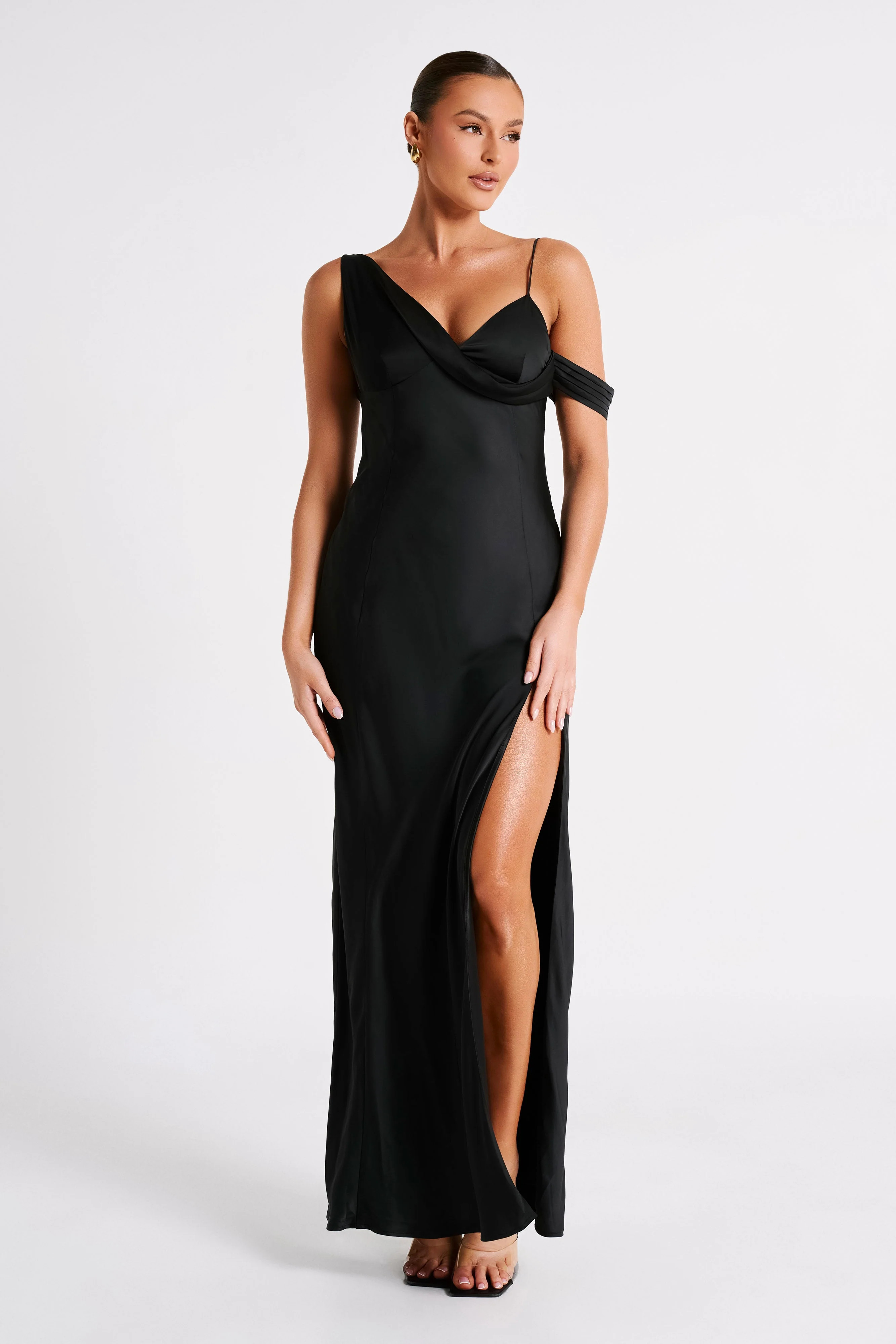 Soleil Satin Off Shoulder Maxi Dress - Black | MESHKI US
