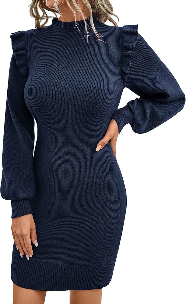 Blooming Jelly Womens Mini Sweater Dress Mock Neck Ruffle Long Puff Sleeve Ribbed Casual Bodycon ... | Amazon (US)