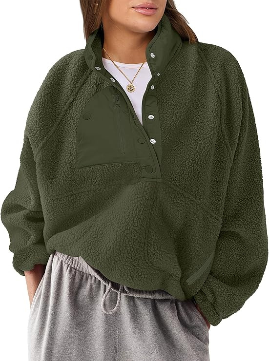 ANRABESS Women Fuzzy Fleece Pullover Sherpa Sweatshirt Long Sleeve Button Down Warm Soft Loose Sw... | Amazon (US)