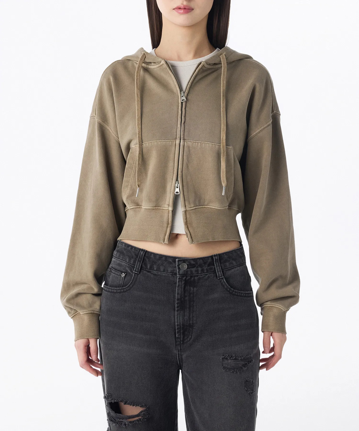 Women's Pigment Volume Cropped Hooded Sweat Zip-Up [Beige] | Musinsa Global