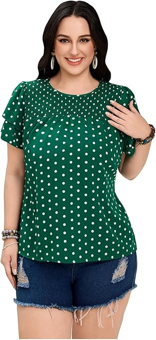 WDIRARA Women's Plus Size Polka Dots Blouse Smocked Ruffle Short Sleeve Tops | Amazon (US)