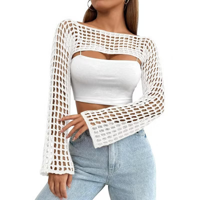 Women's Round Neck Crochet Knit Shrug Stylish Cropped Top Cardigan for Casual Layering White M | Target