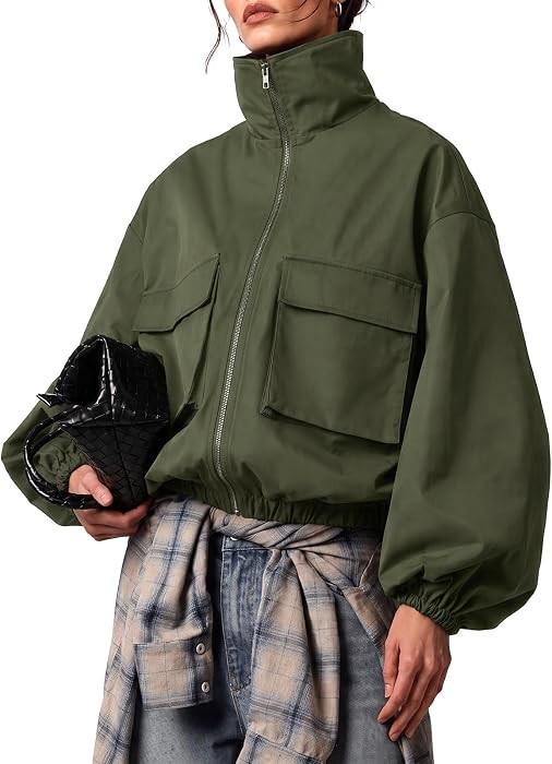 EXLURA Women Short Bomber Jackets Fall Funnel Neck Cropped Trench Coats | Amazon (US)