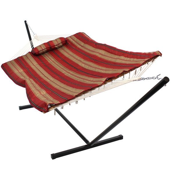 Awning Stripe Rope Hammock with Quilted Pad/Pillow and Stand - Red/Beige Stripe - Sunnydaze Decor | Target