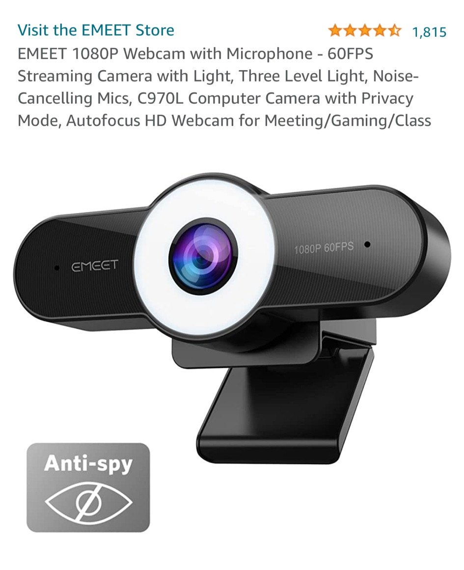 EMEET 1080P Webcam with Microphone - 60FPS Streaming Camera with Light, Three Level Light, Noise-Cancelling Mics, C970L Computer Camera with Privacy Mode, Autofocus HD Webcam for Meeting/Gaming/Class

#LTKhome #LTKunder50 #LTKGiftGuide