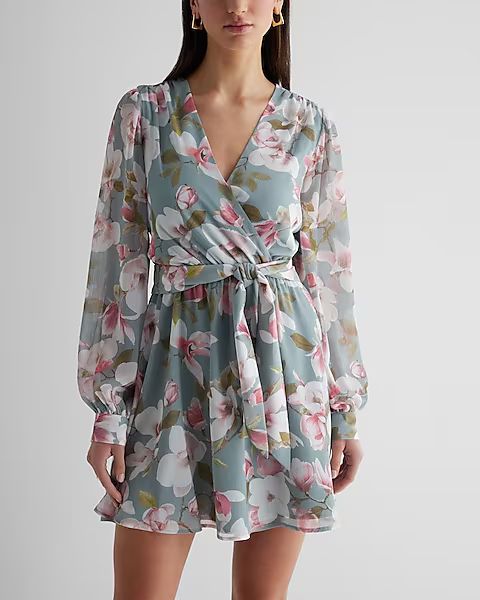 Floral Print Long Sleeve Tie Waist Mini Dress | Express