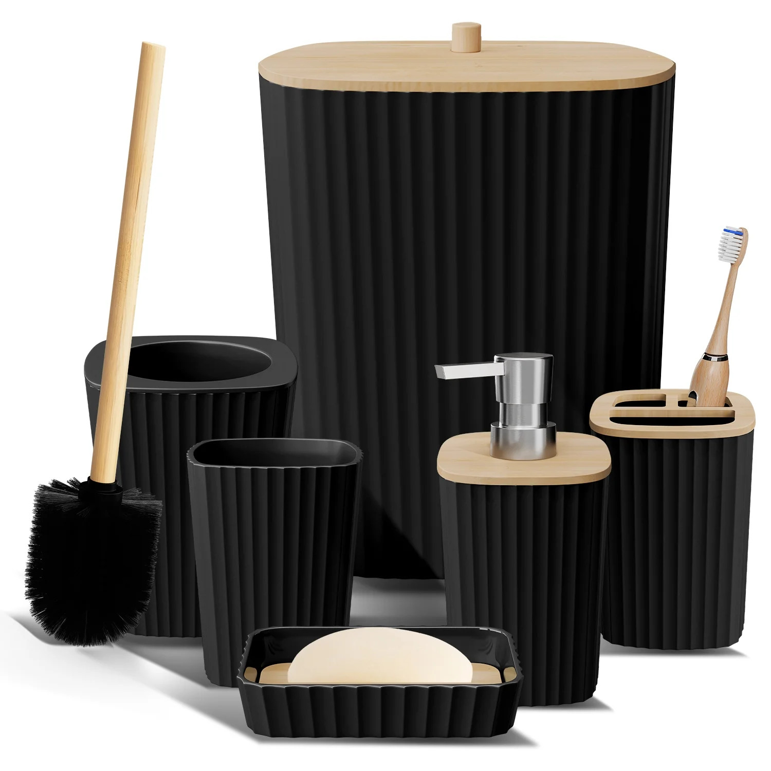 Virtu 6 Piece Bamboo Bathroom Sets, Black Bathroom Accessories Set for Minimalistic Bathroom Déc... | Walmart (US)