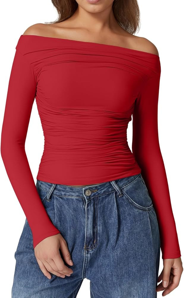 QINSEN Womens Off Shoulder Long Sleeve Tops Ruched Going Out Crop Slim Fitted Double Lined Shirts | Amazon (US)