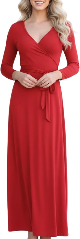 Aphratti Womens 3/4 Sleeve V Neck Faux Wrap Maxi Dress Summer Casual Beach | Amazon (US)
