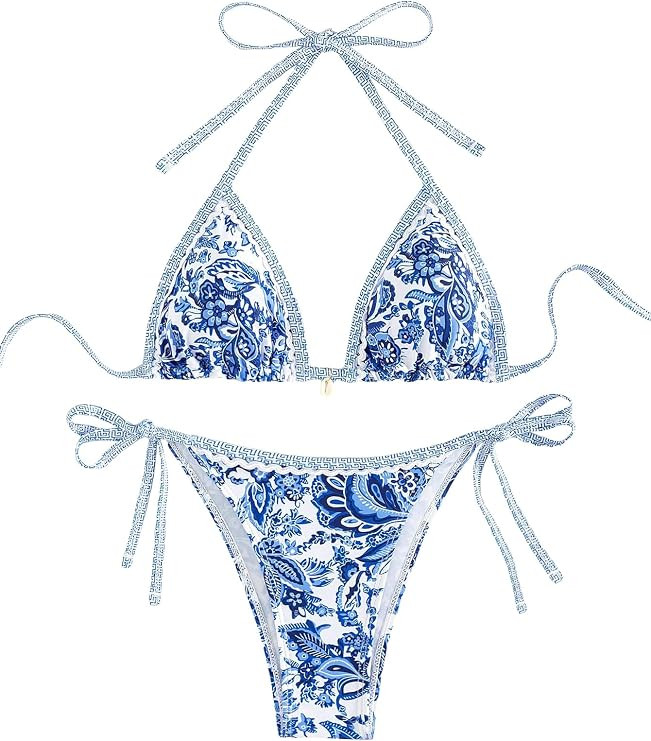 SHENHE Women's 2 Piece Halter Swimsuit Textured Tie Side Triangle Bikini Bathing Suit | Amazon (CA)