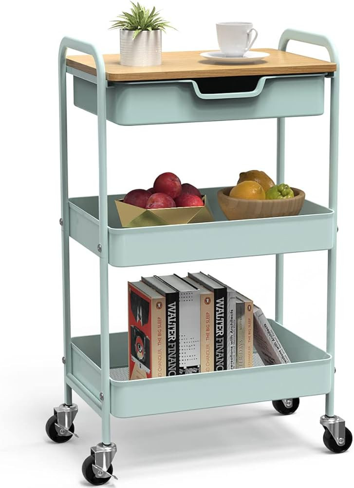 3 Tier Rolling Cart, Utility Cart with Drawer and Table Top, Metal Rolling Kitchen Storage Organi... | Amazon (US)