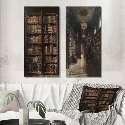 Brown Library Shelves Historic Haven I - Libraries Wall Art 2 Pieces Set | Wayfair North America