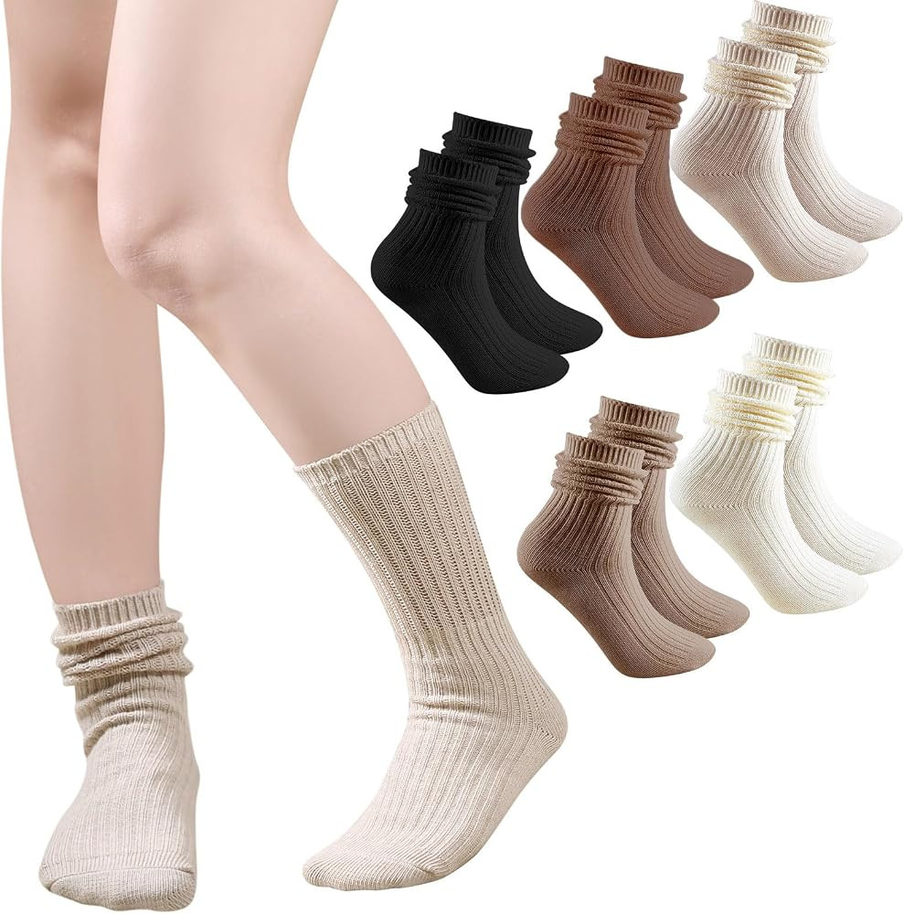 Slouch Socks for Women Crew: 5 Pairs Scrunch Socks Daily Wear with Sneakers - Thick Chunky Socks ... | Amazon (US)
