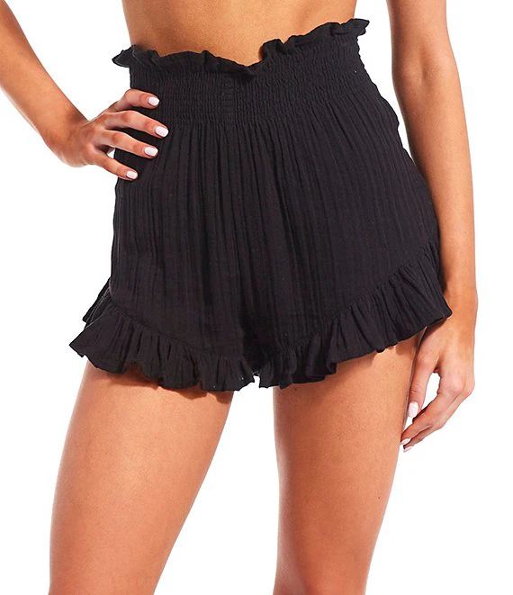 Solid Smocked High Waisted Ruffle Short Swimsuit Cover Up | Dillard's