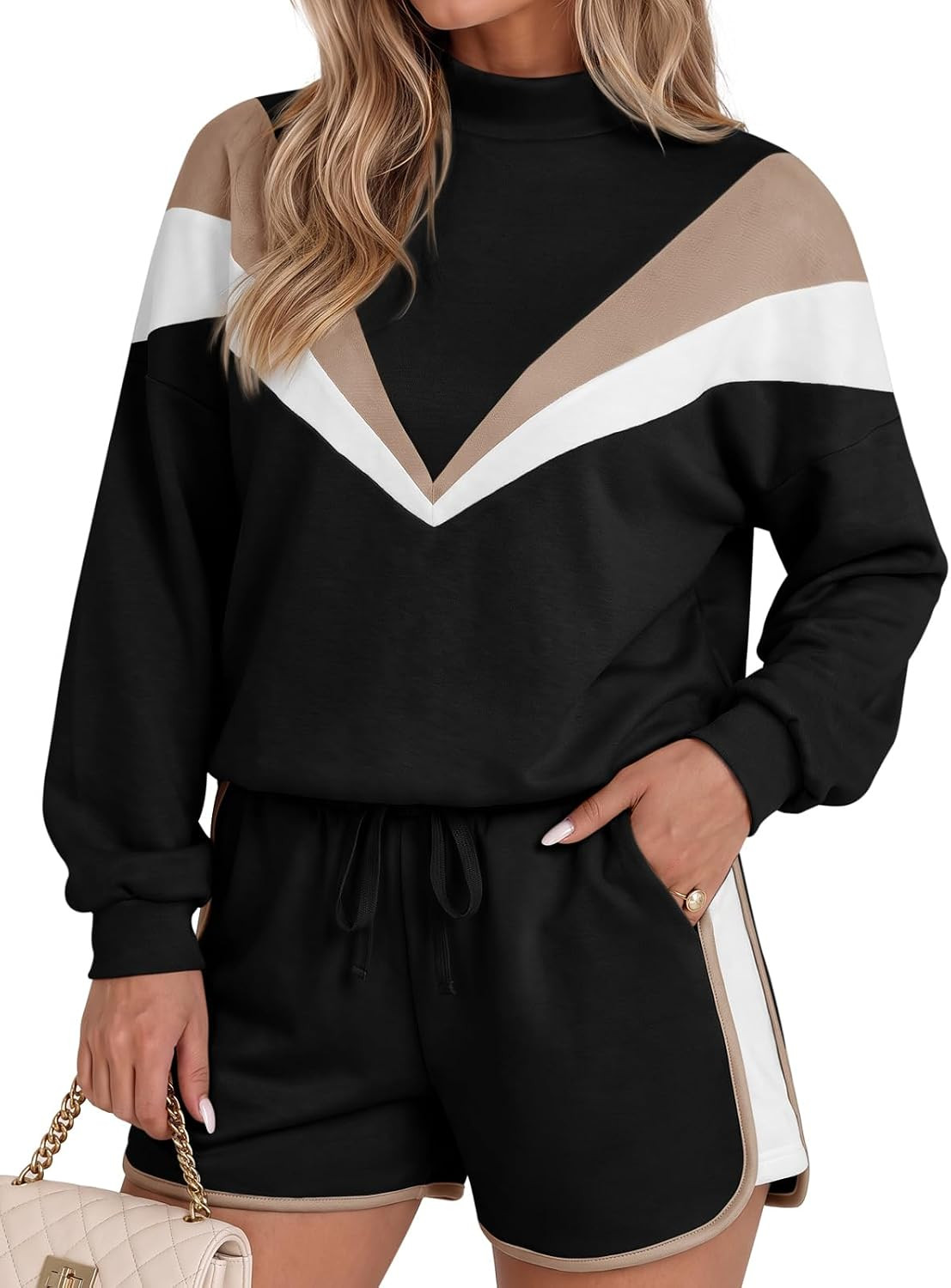 Fisoew Womens 2 Piece Outfits Sweatsuit Long Sleeve Pullover Shorts Sets | Amazon (US)