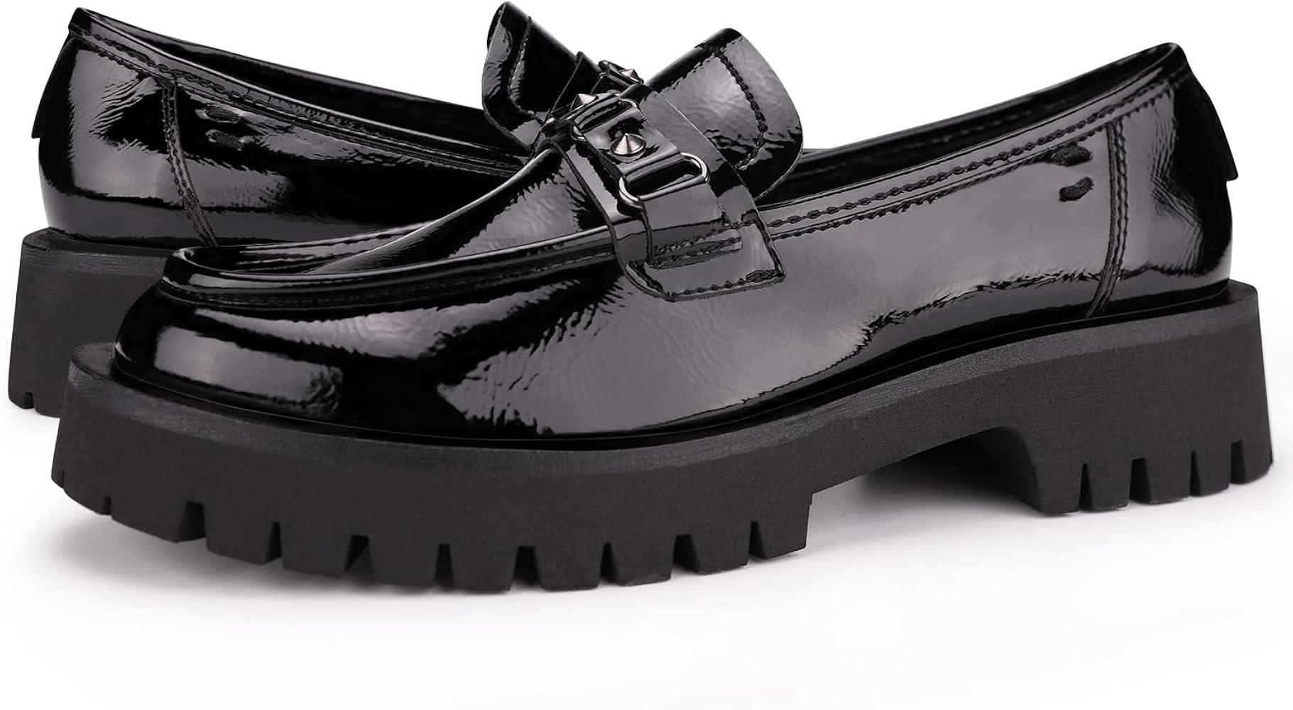 ISOMEI Black Loafers for Women Comfort Chunky Heal Platform Patent Leather Chunky Loafers | Amazon (US)