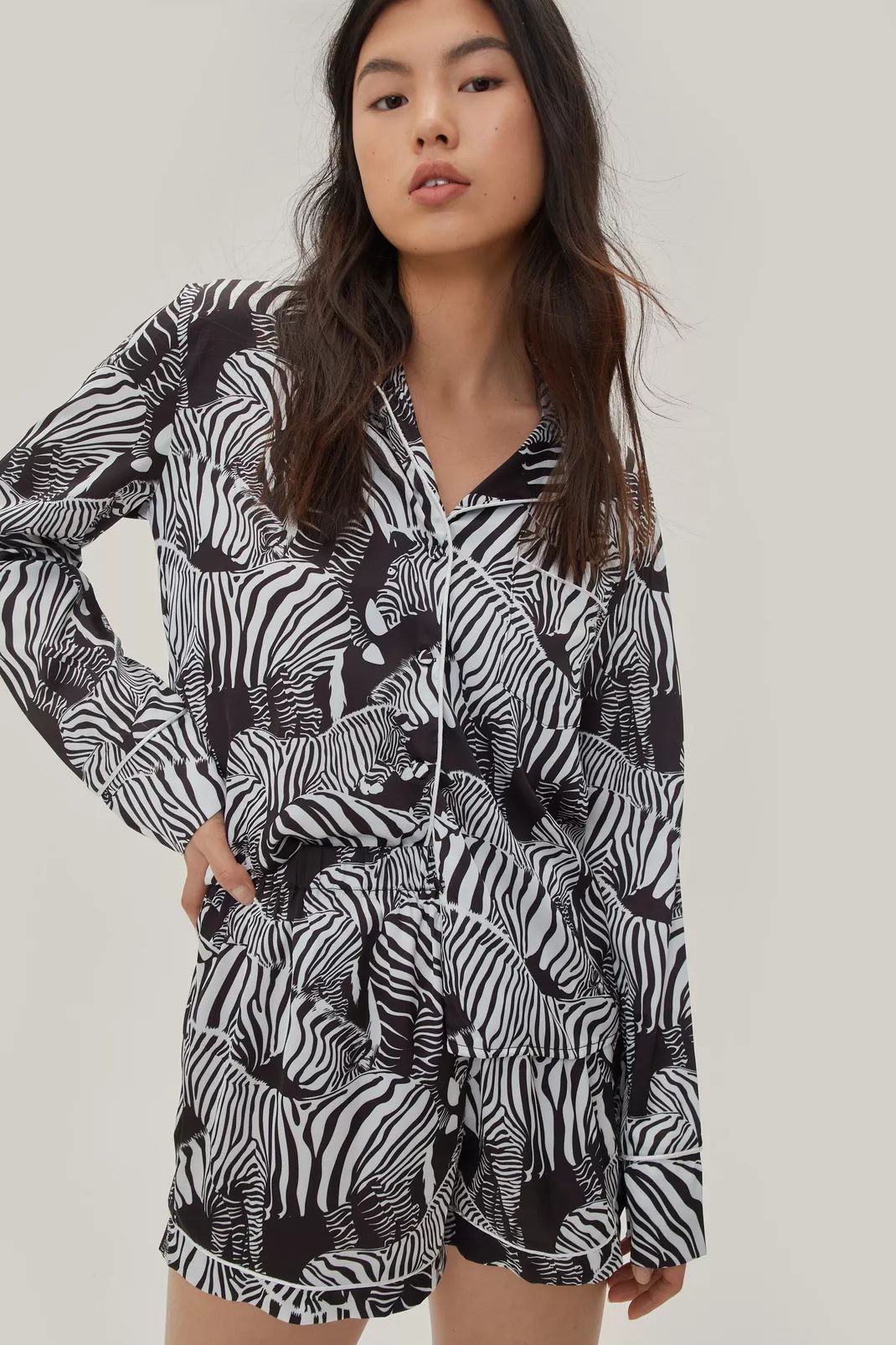 Satin Zebra Design Pajama Shirt and Shorts Set | Nasty Gal (US)