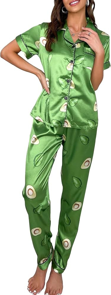 Women's 2 Piece Sleepwear Striped Satin Short Sleeve Shirt and Pants Pajama Set | Amazon (US)